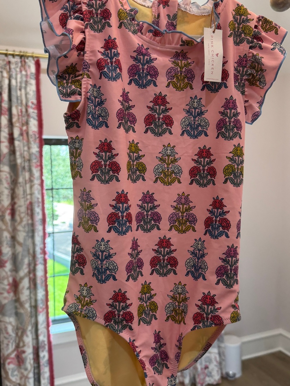Pink Chicken Floral Print Ruffled Sleeve Girls’ Swimsuit